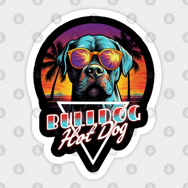 Retro Wave American Bulldog Hot Dog Shirt Sticker by Miami Neon Designs
